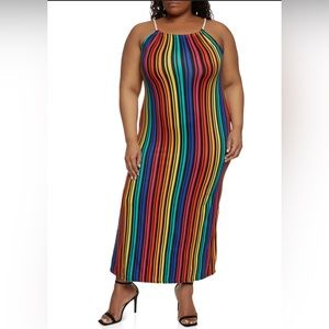 Plus Size Rainbow Stripe Rope Strap Maxi Dress - Black
